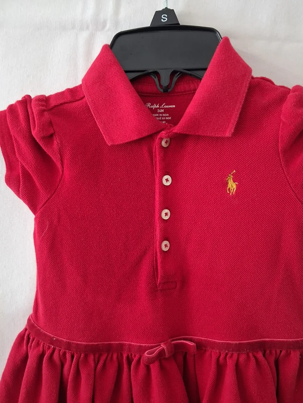 Ralph Lauren Girls Red Pique Polo Dress Velvet Trim Gold Pony 24M